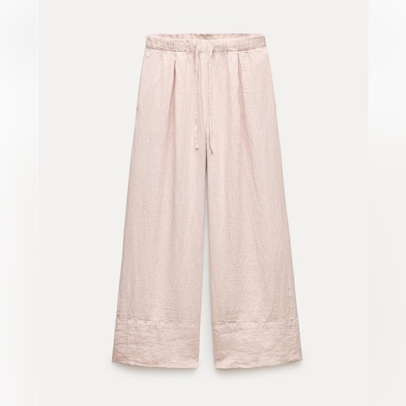 Zara 100% Linen Palazzo Pants Wide Leg Mid rise ZW Light Pastel Pink Size XS NWT - Picture 6 of 16